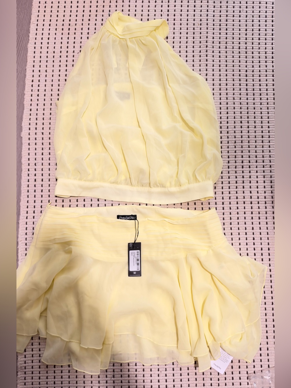 PrettyLittleThing Pale Yellow Sheer Halter Crop Top & Layered Mini Skirt Set